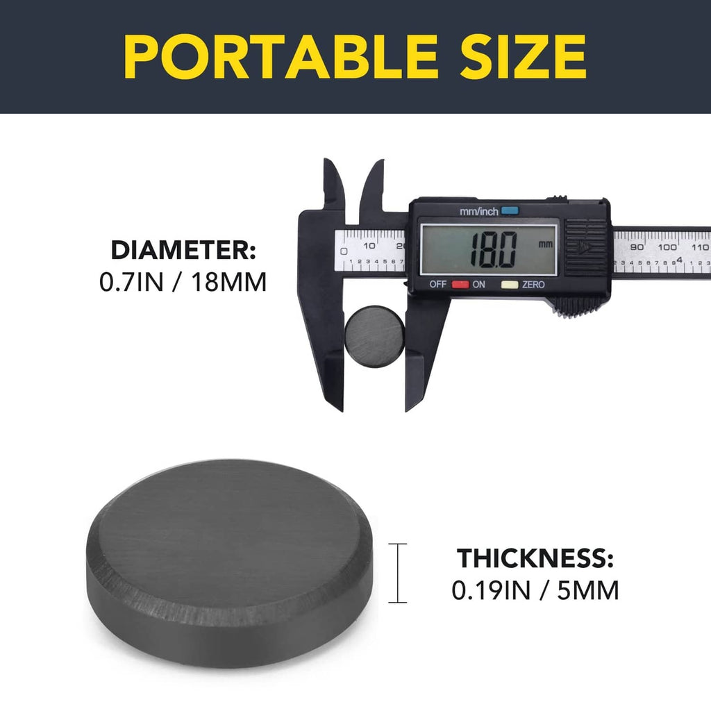 Single round dark gray disc magnet with size ruler showing diameter and thickness