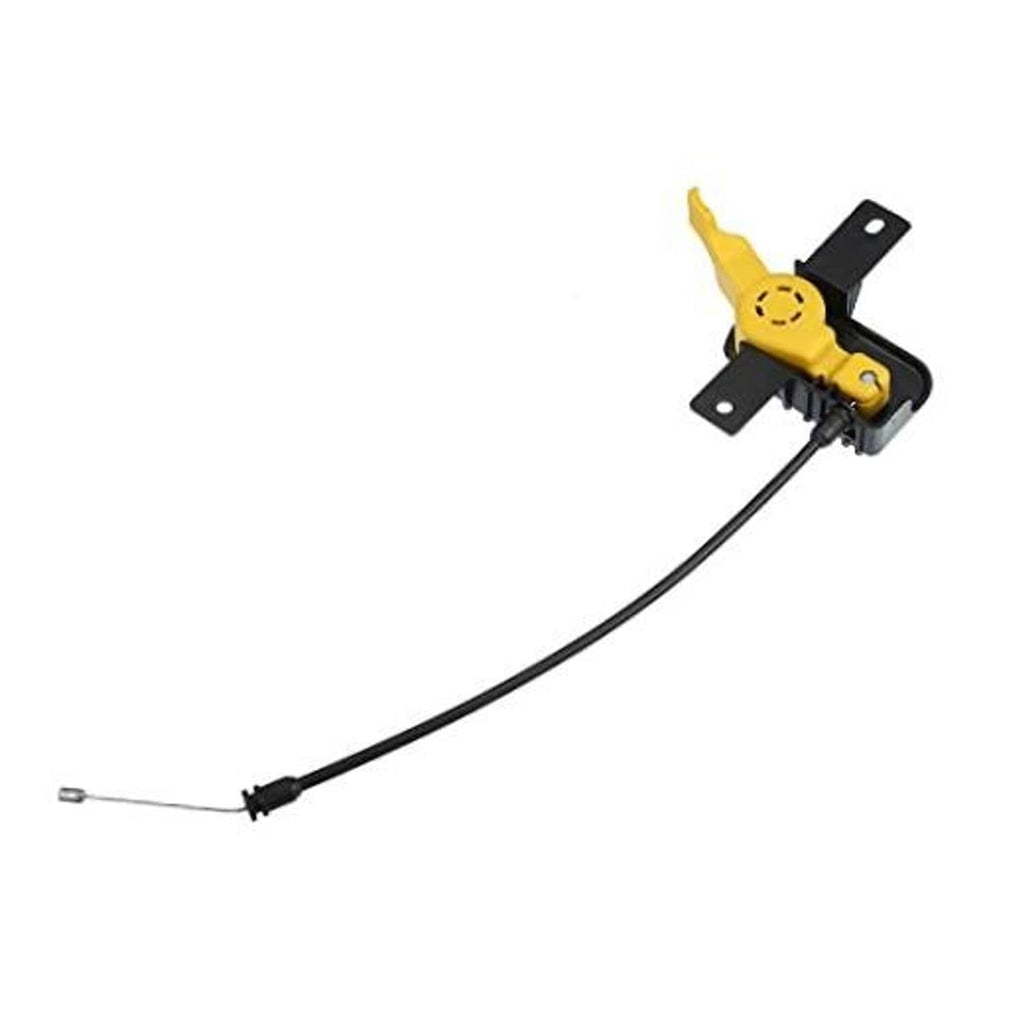 Hood release cable with yellow latch and black bracket, black cable with metal end