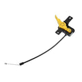 Hood release cable with yellow latch and black bracket, black cable with metal end