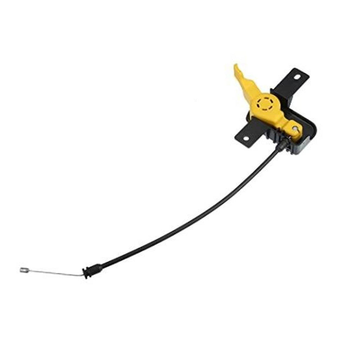 Hood release cable with yellow latch and black bracket, black cable with metal end