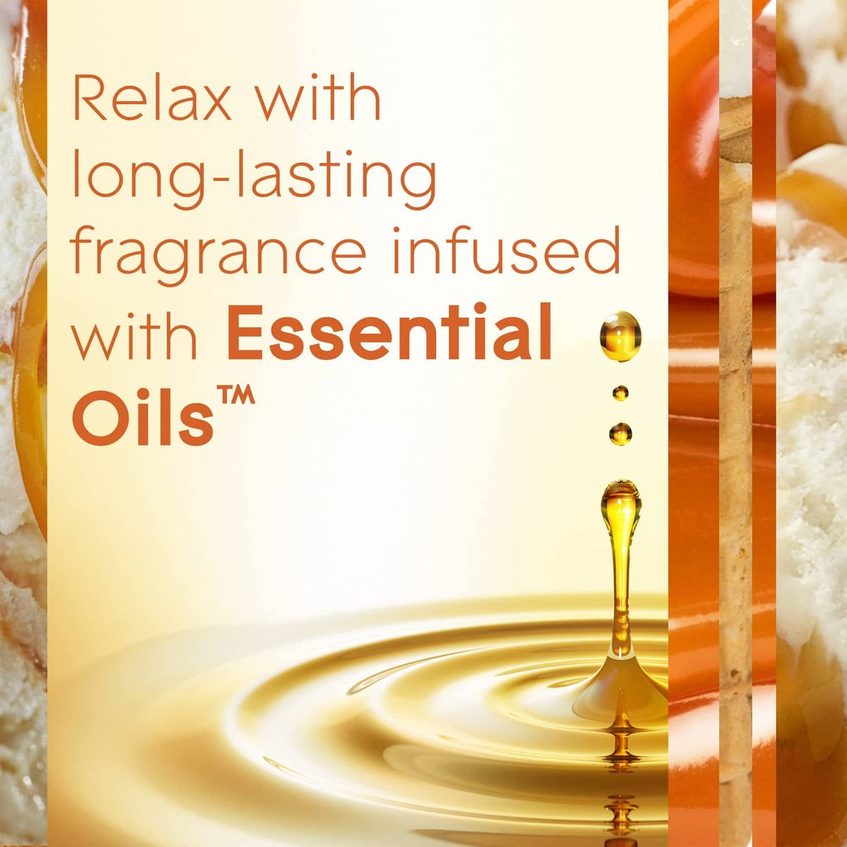 Relaxing fragrance promo graphic with essential oils drop imagery