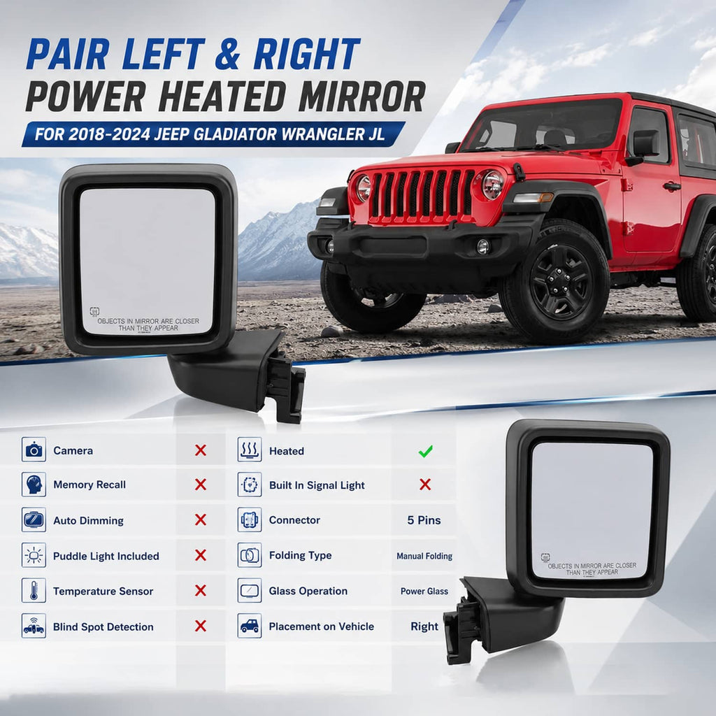 Black square power heated side mirror with folding-style base and rear connector