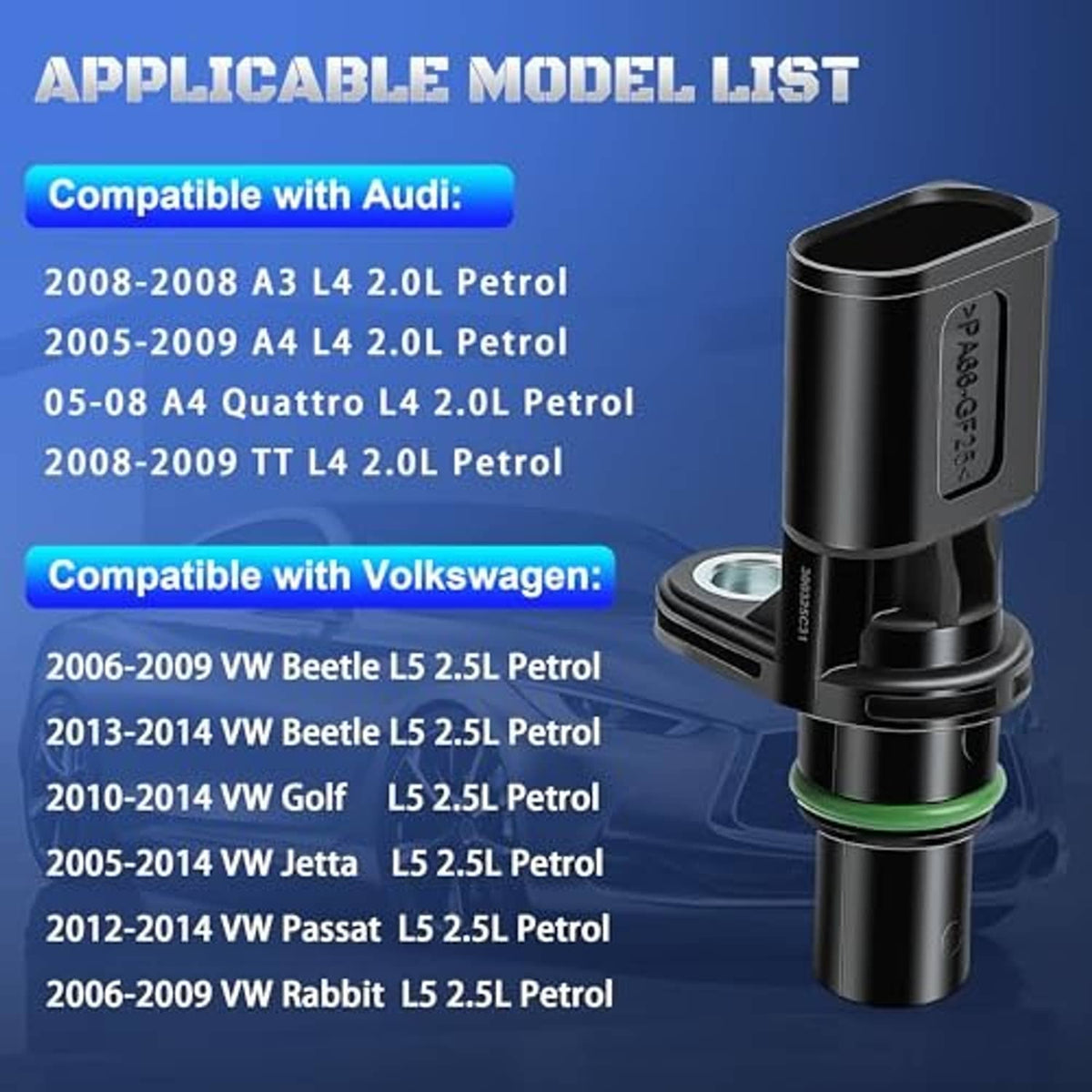 Camshaft position sensor with black housing and green sealing ring