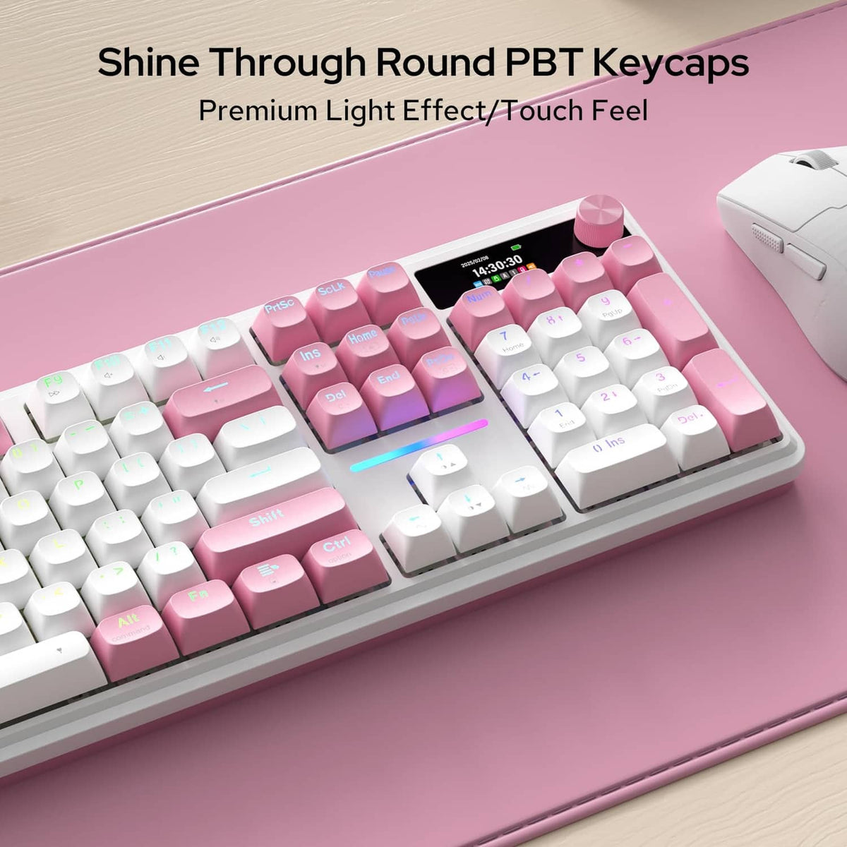 Wireless gaming keyboard with round PBT keycaps, pink and white layout, backlit letters