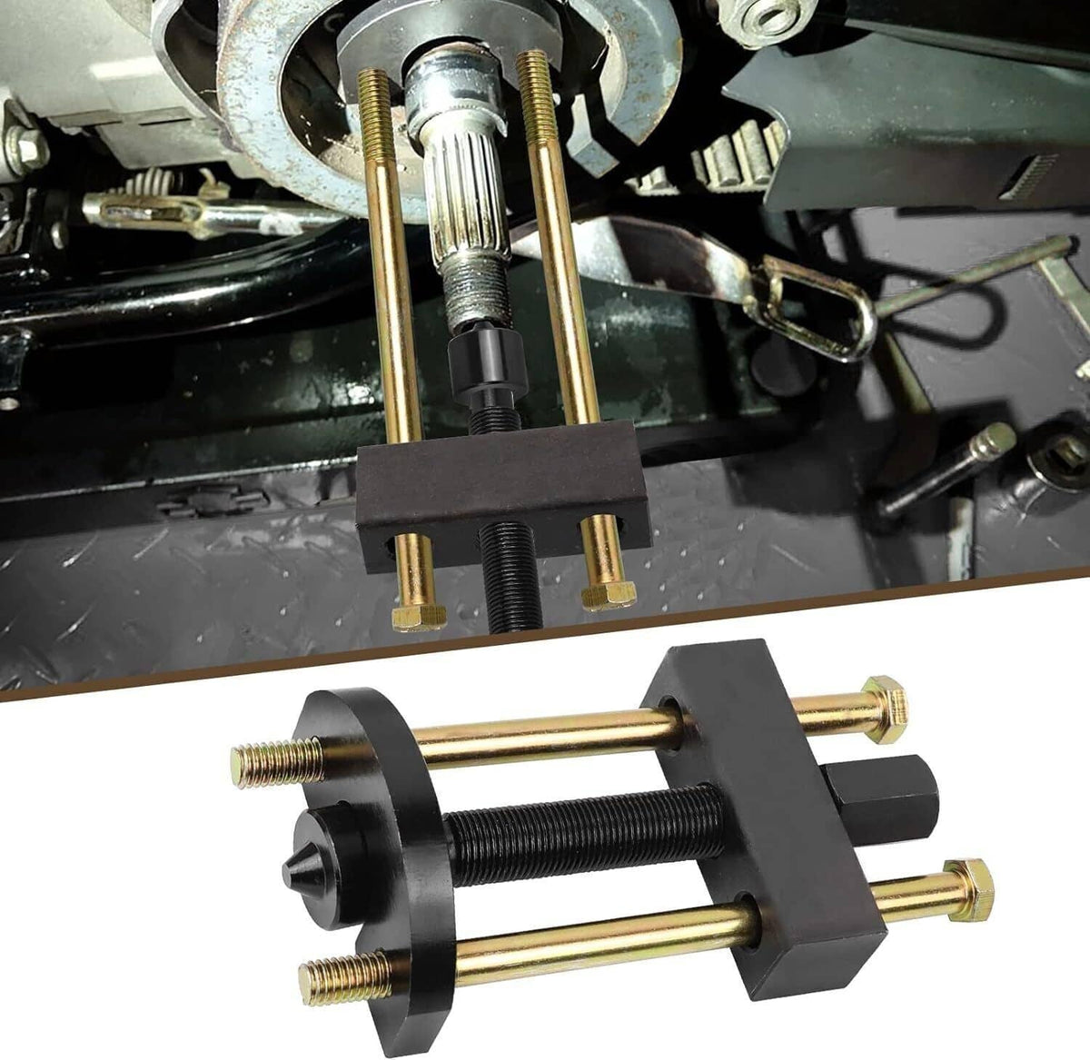 Mainshaft inner bearing race puller tool clamped in place with threaded pull rods