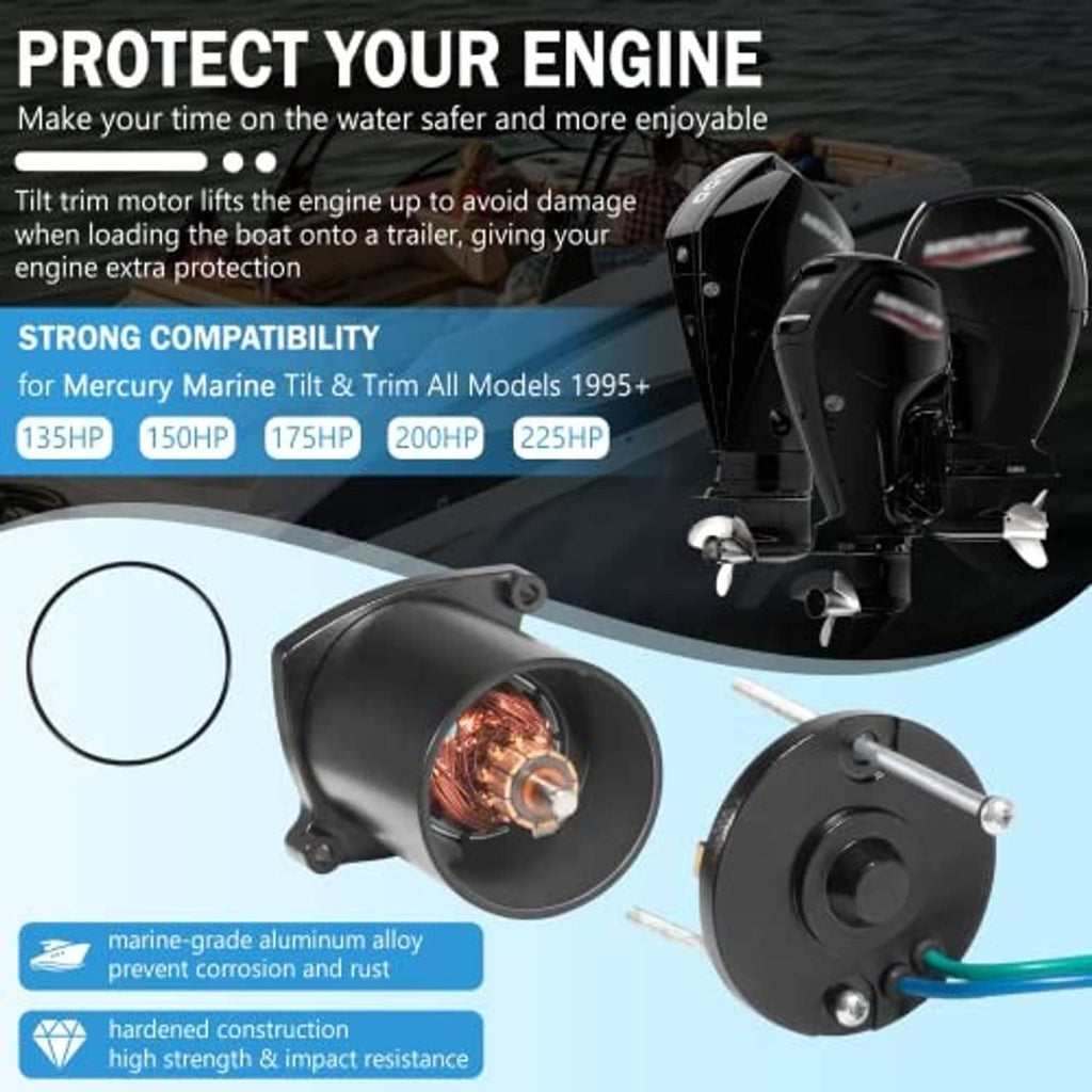 Black outboard tilt and trim motor with green-blue wiring harness and end cap