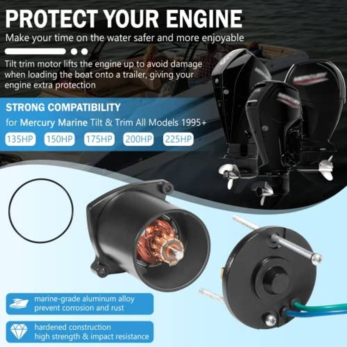 Black outboard tilt and trim motor with green-blue wiring harness and end cap