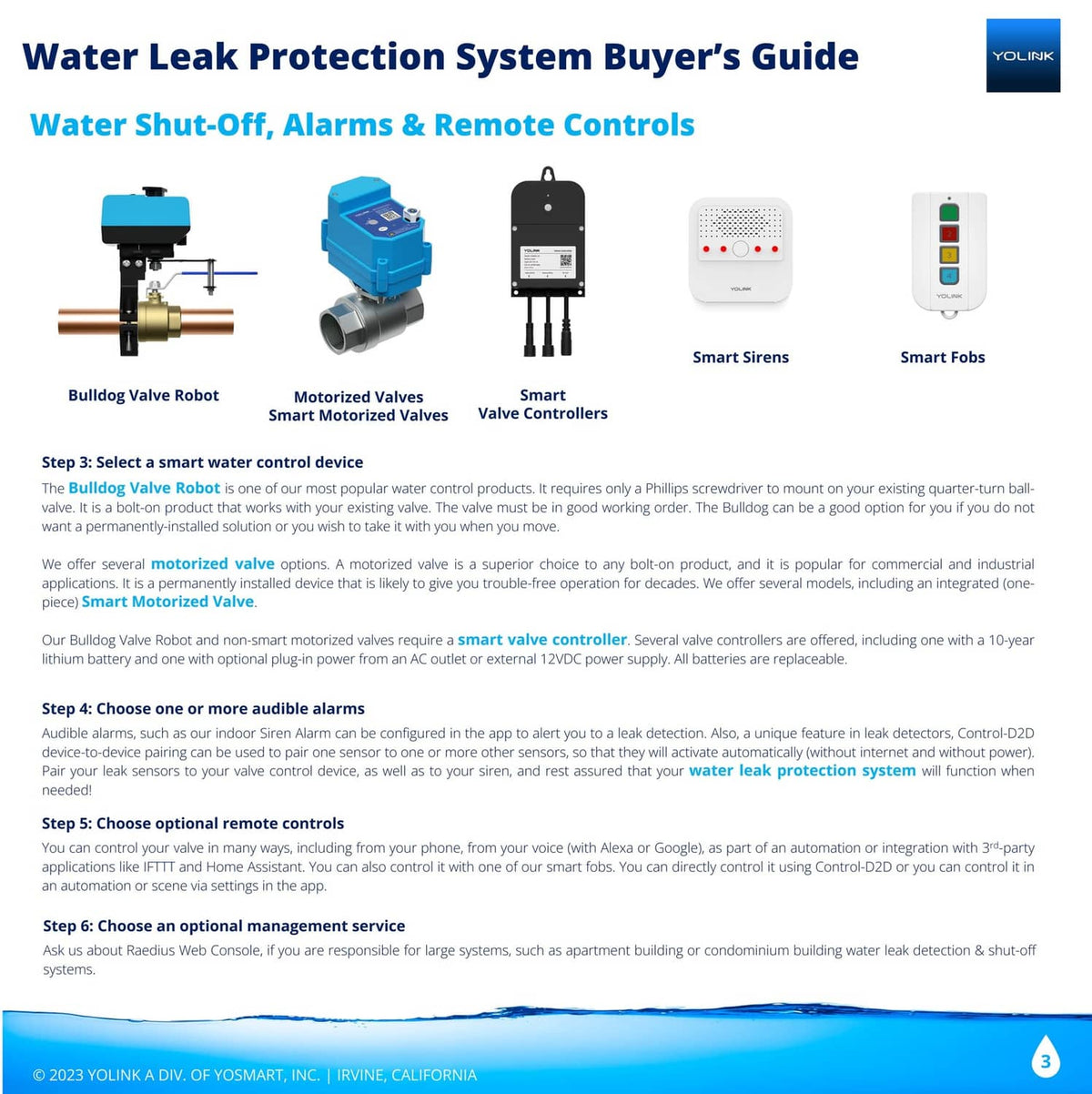 YoLink smart water leak system devices: valve controllers, sirens, and remote fobs