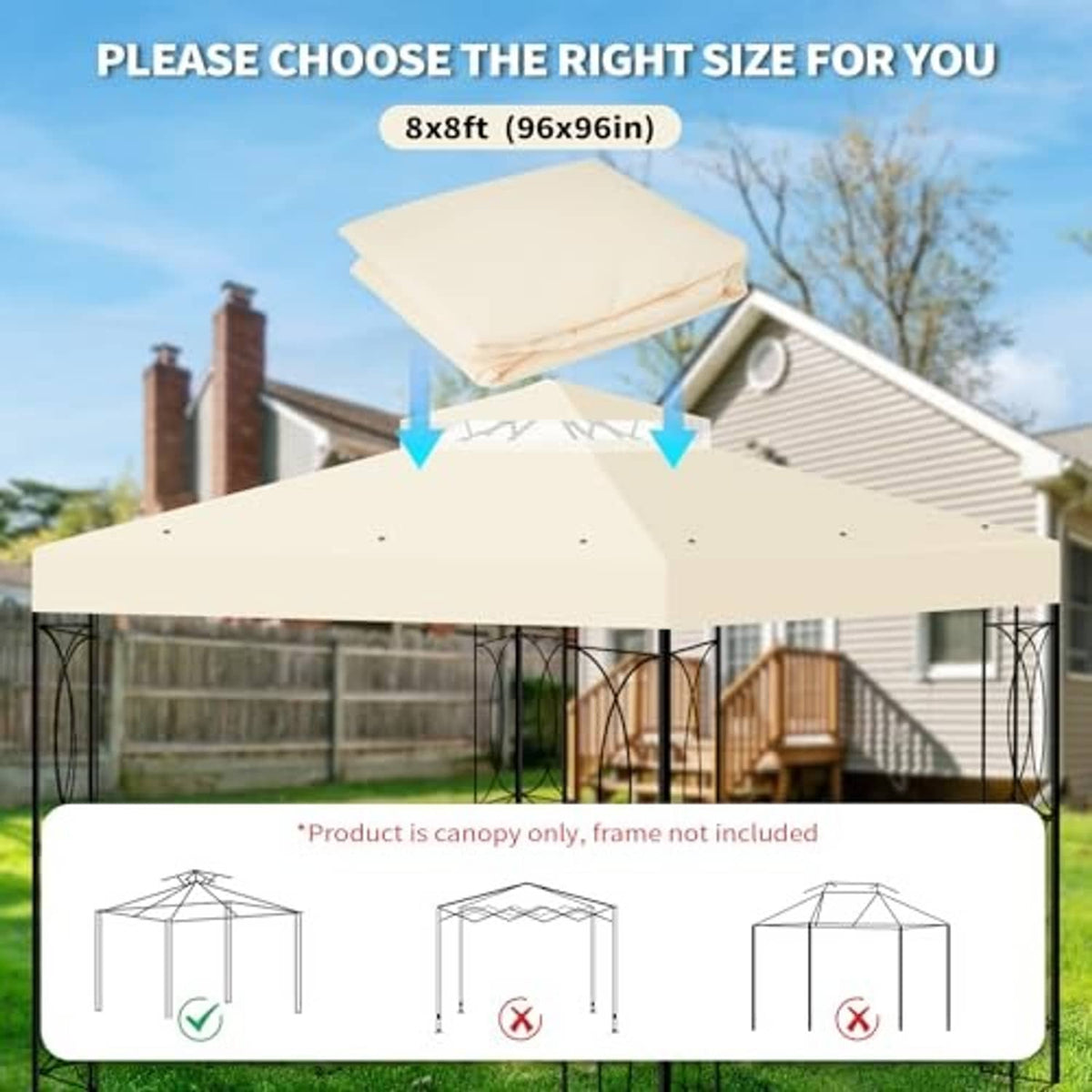 Beige double-tier gazebo top canopy cover shown on 8x8 gazebo roof size
