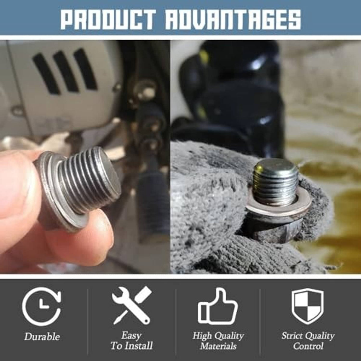 Oil drain plug washer shown in hand and on engine block, silver threaded gasket