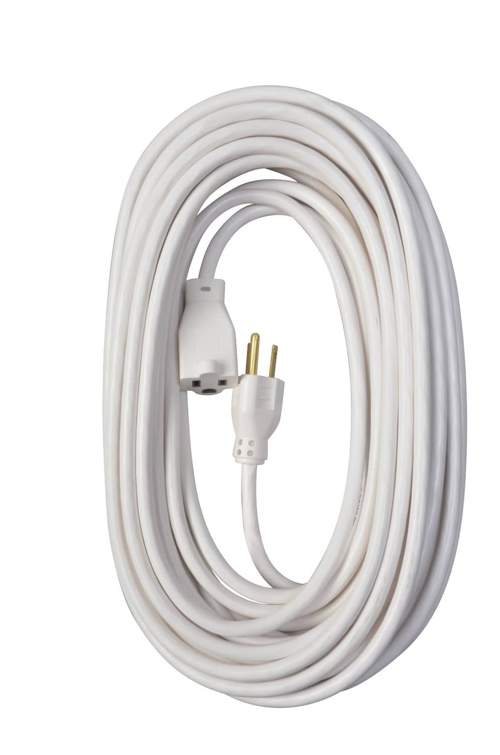 White coiled 3-prong grounded extension cord