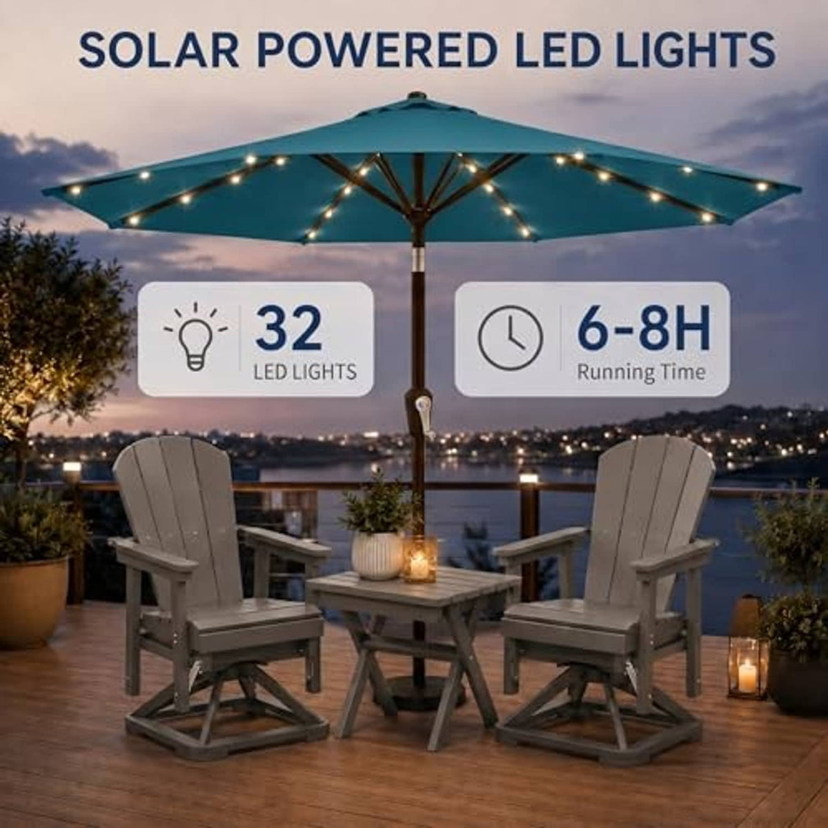 Teal market patio umbrella with solar-powered LED string lights above table set