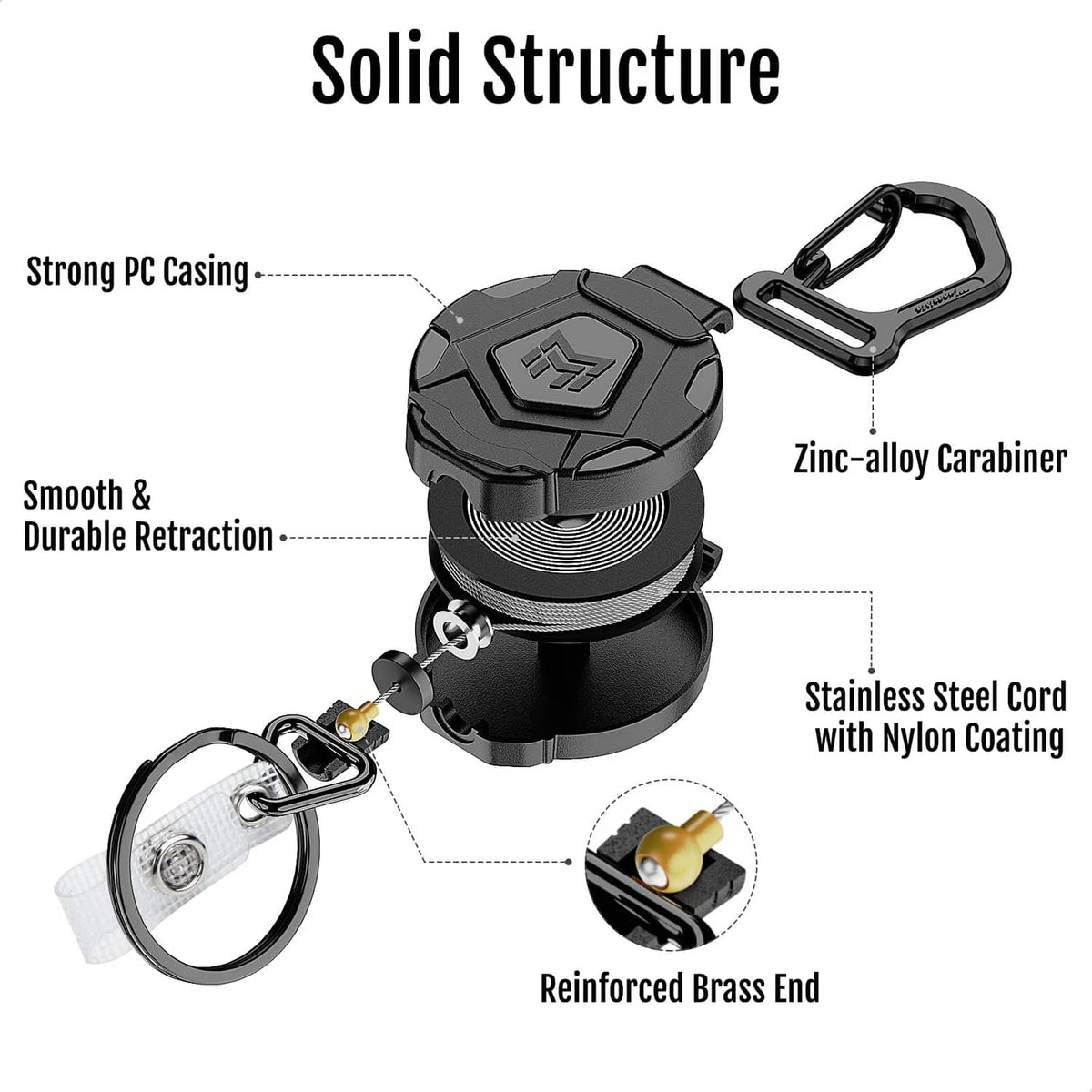 Retractable keychain with black casing and stainless steel cord, zinc-alloy carabiner, keyring