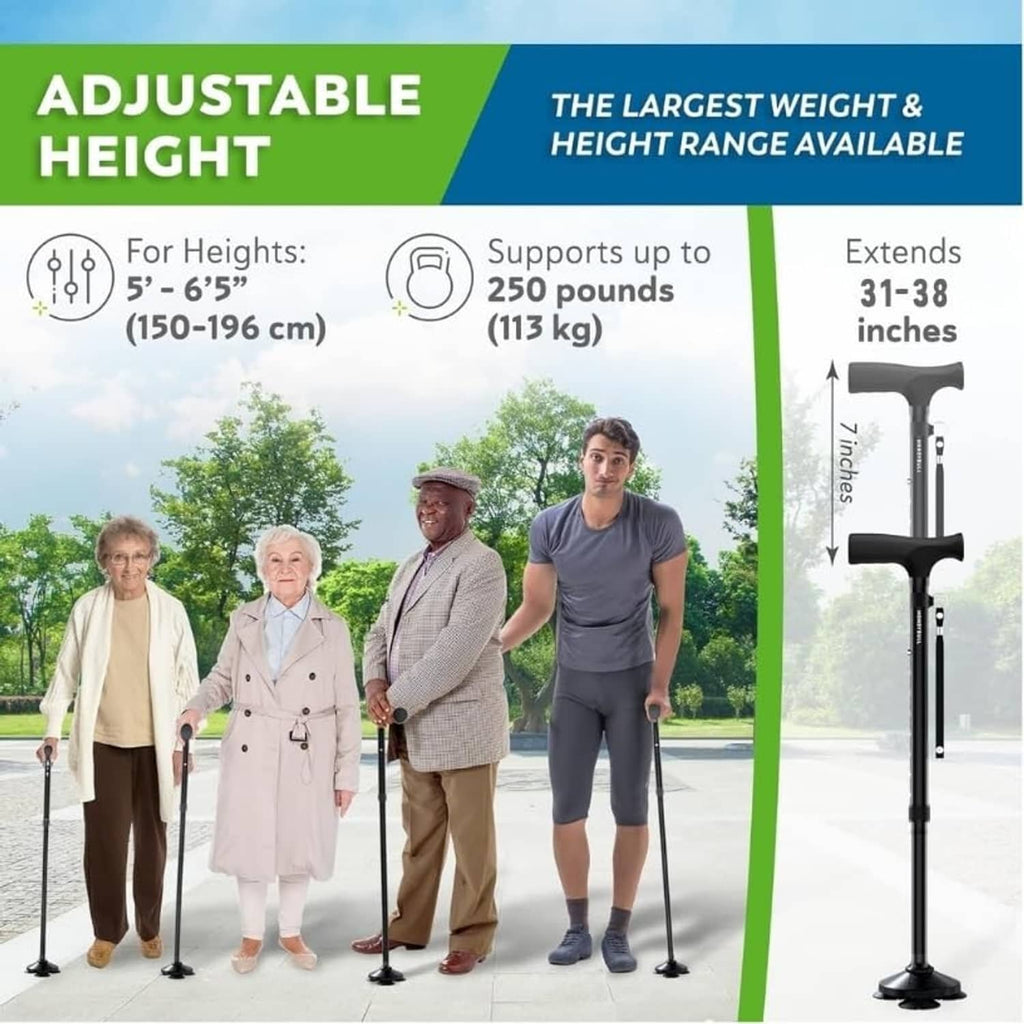 Adjustable height walking cane with large weight capacity and quad base