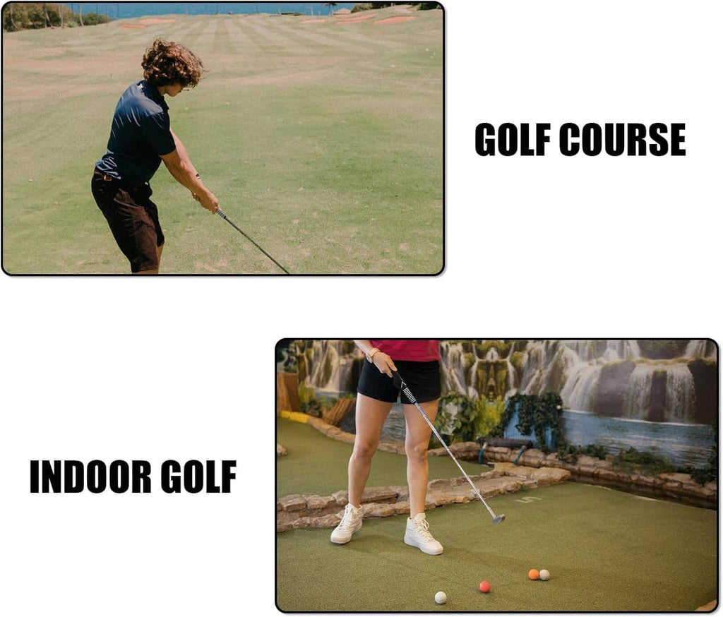 Golfer practicing with a club fitted with a left-handed black training grip.