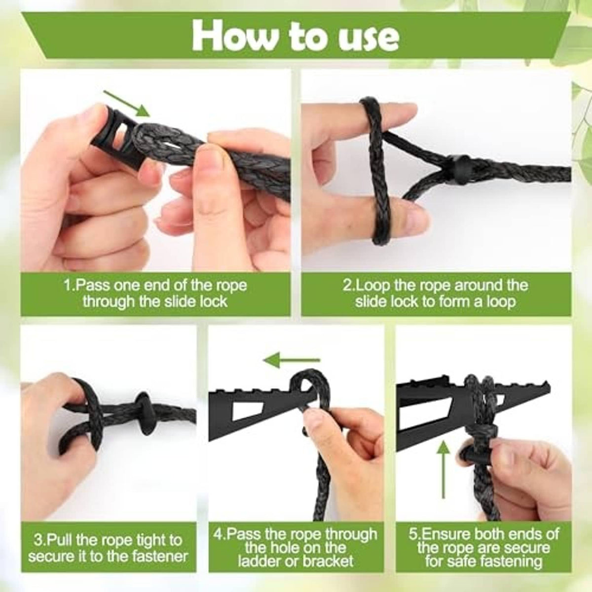 Black single-step rope ladder aider with slide buckle and U-shaped loop