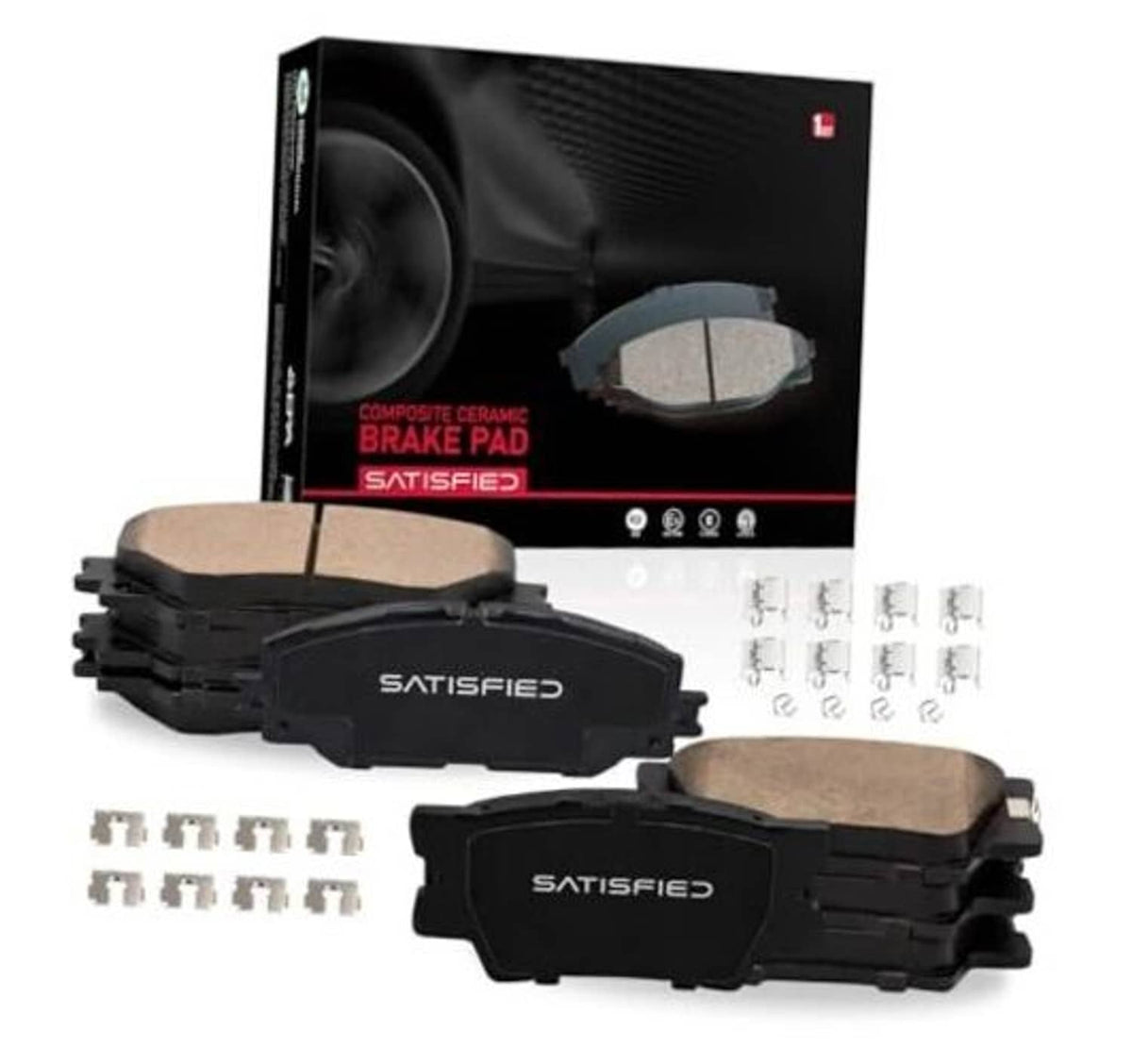 Ceramic brake pad kit with front and rear pads, includes hardware and clips