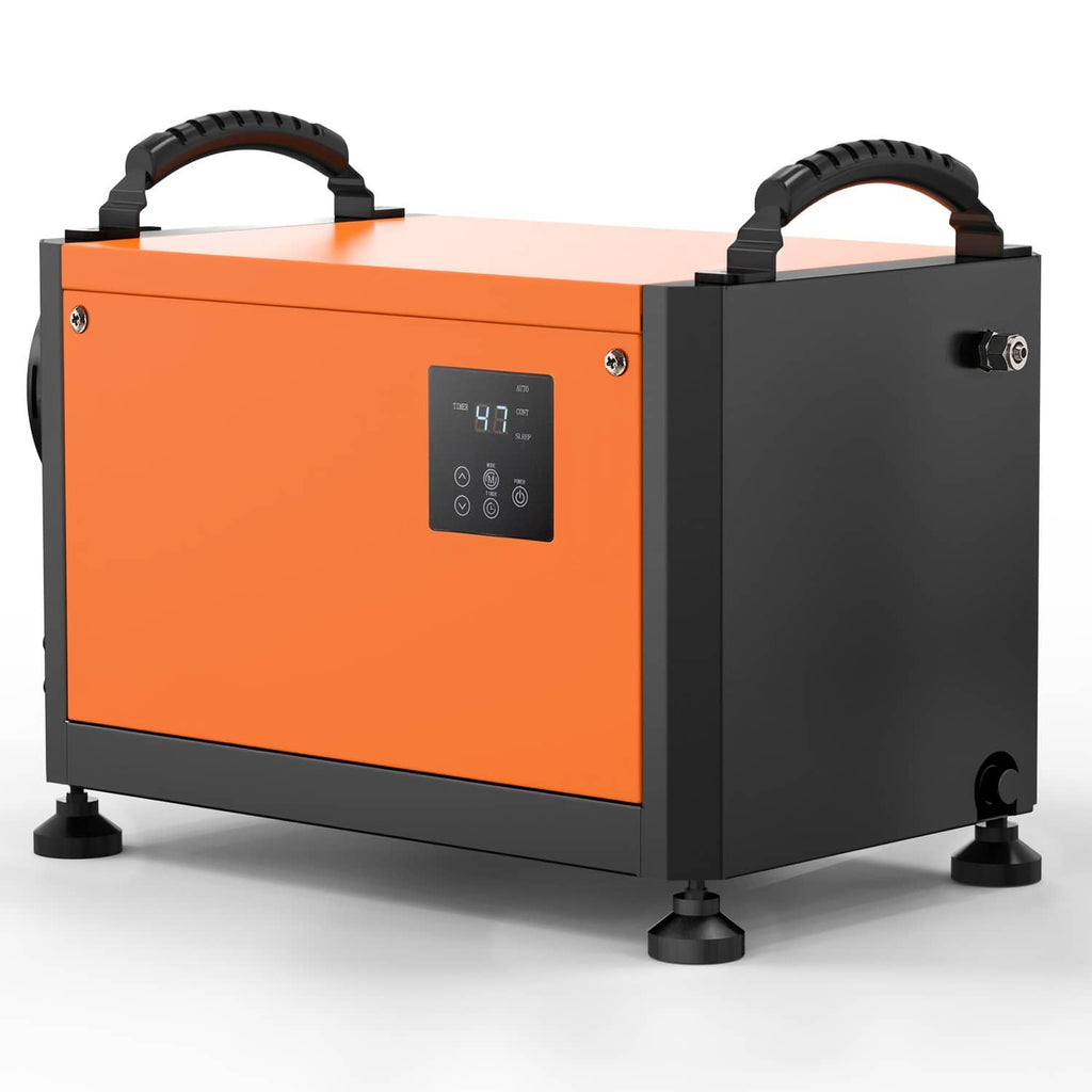 Commercial dehumidifier with pump, orange front, black side panels, dual top handles
