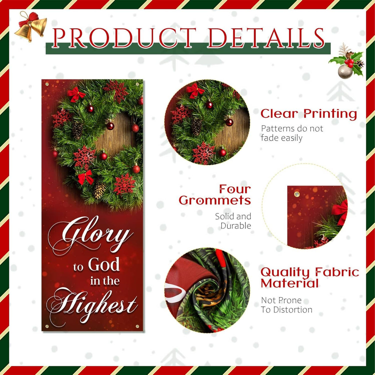 Christmas church banner set details: wreath print, four grommets, durable fabric material