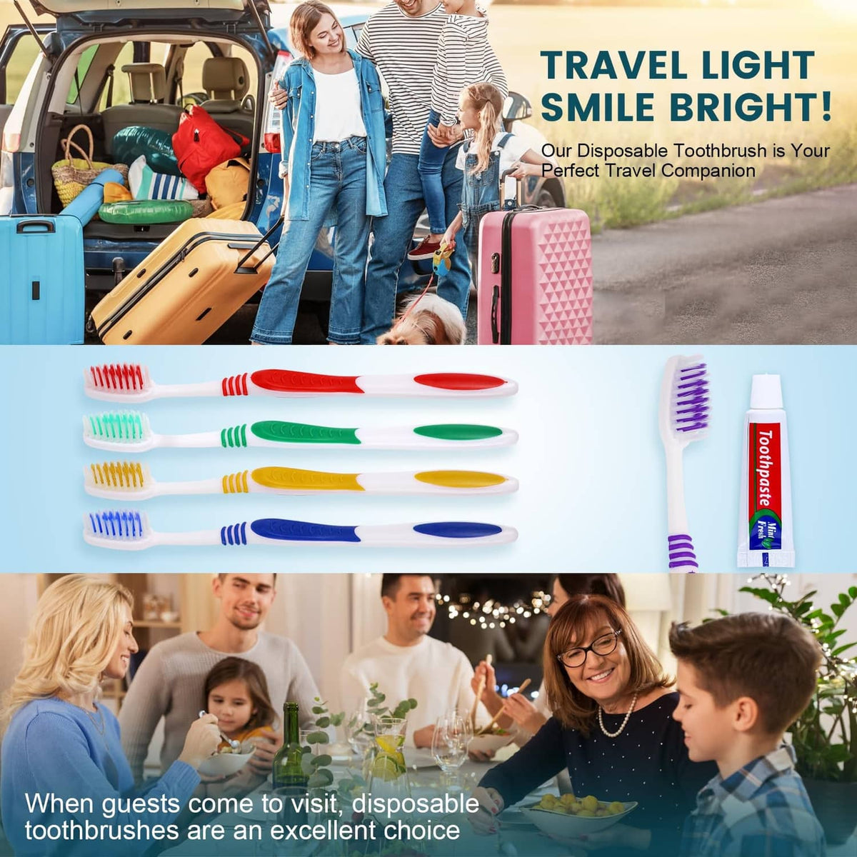 Assorted-color disposable toothbrushes with white handles and colorful bristles