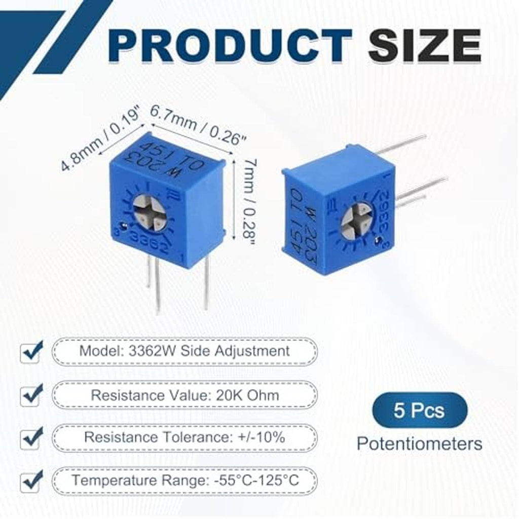 Blue side-adjust trimmer potentiometer cubes with three-pin leads and circular adjustment.