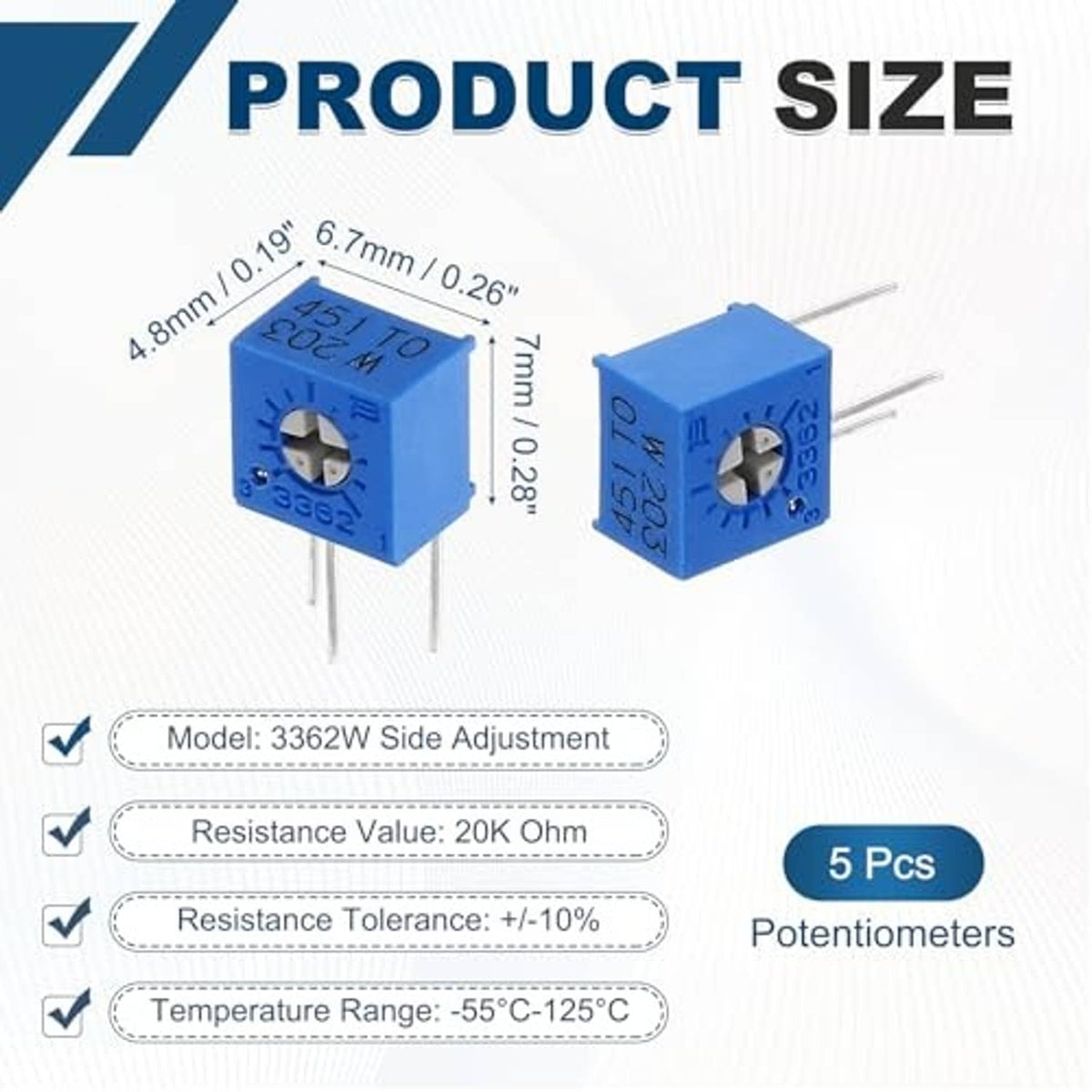 Blue side-adjust trimmer potentiometer cubes with three-pin leads and circular adjustment.