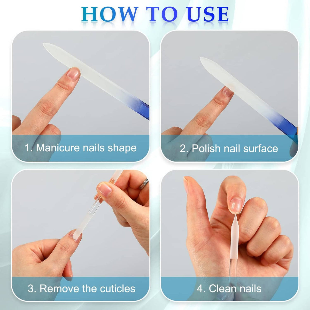 Clear glass nail file with blue edge used to smooth and shape fingernails