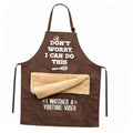 Dark brown chef apron with slogan and front towel pocket