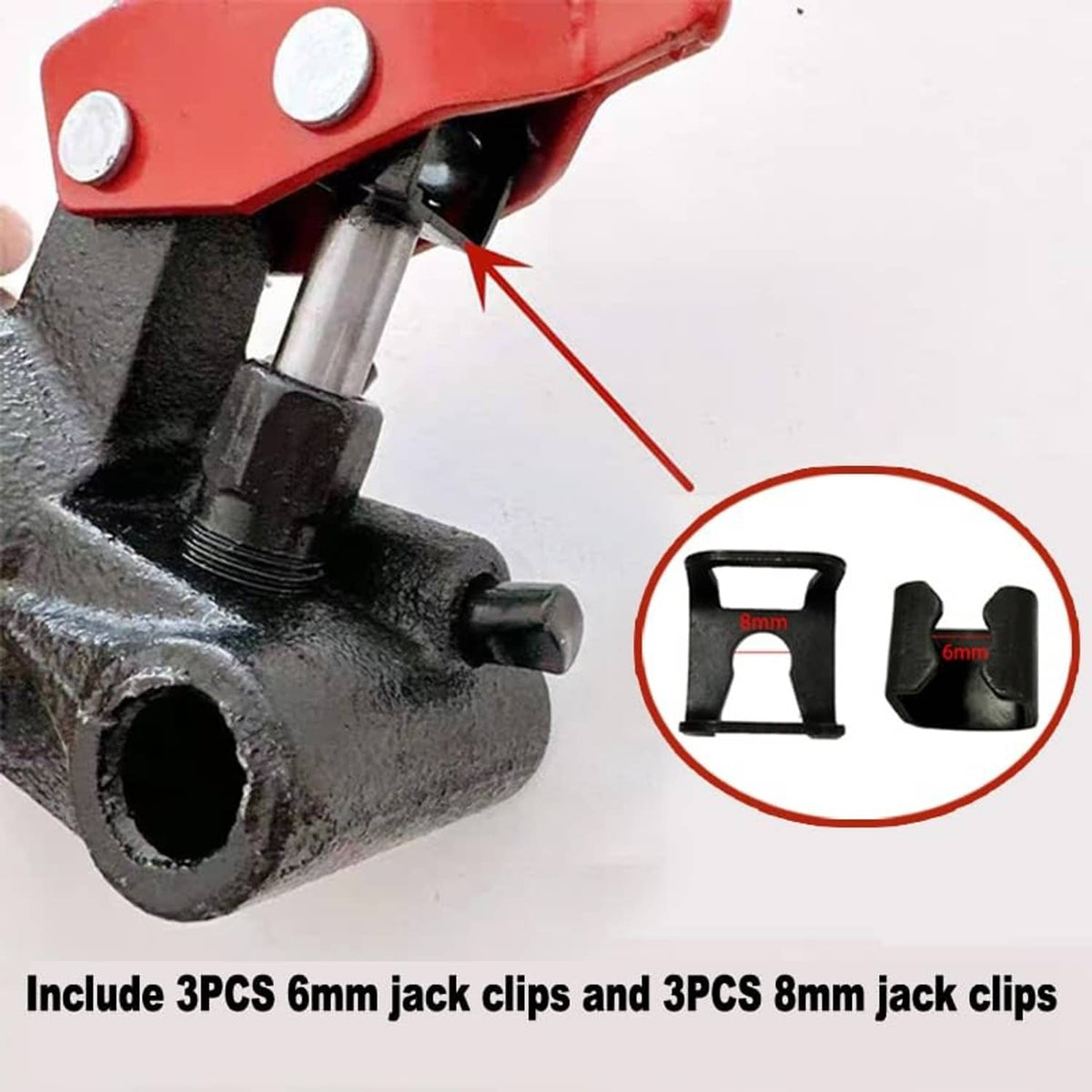Floor jack clamp clip installed, with inset showing two black clip designs