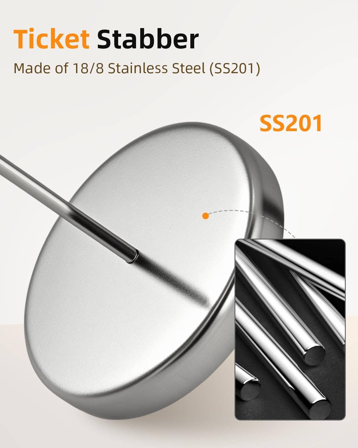 Stainless steel ticket spike stand with round base and long metal rod