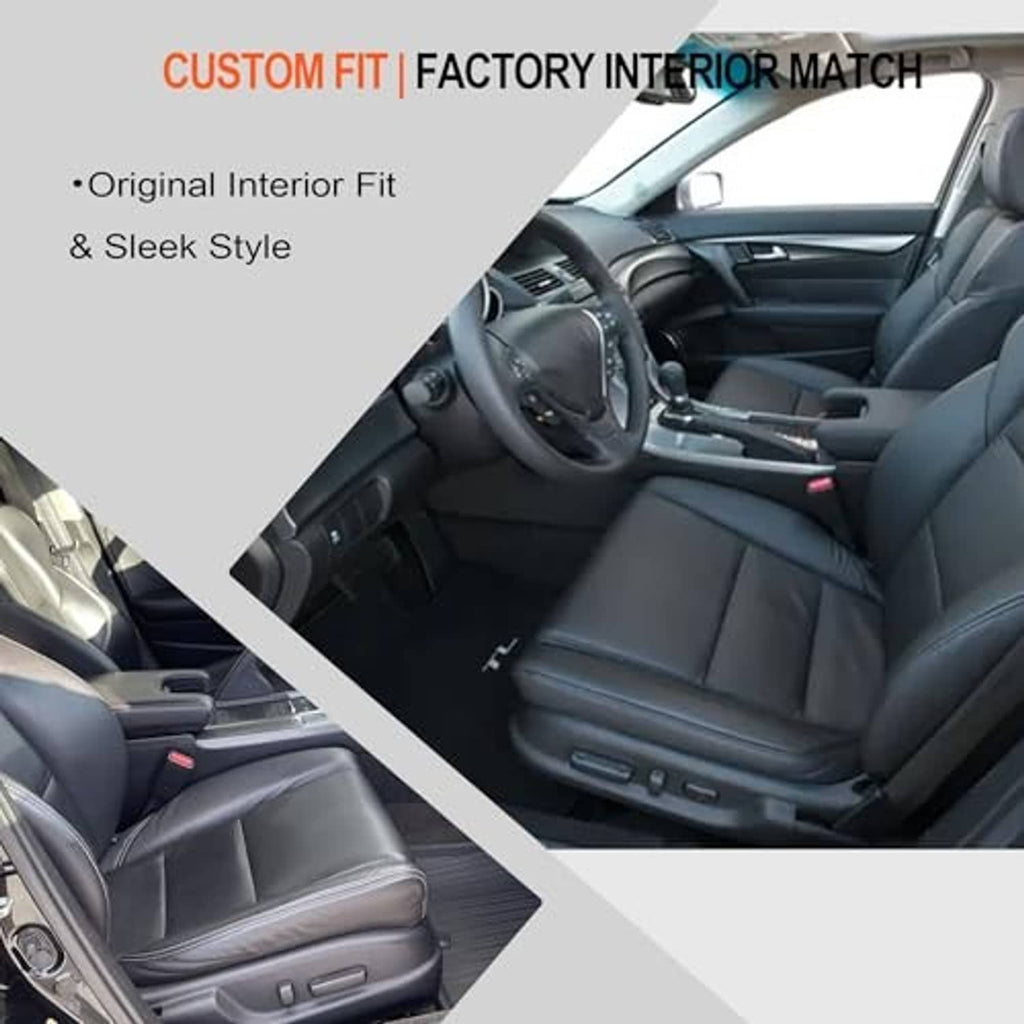 Black leather seat cover installed on driver side front seat, visible stitching