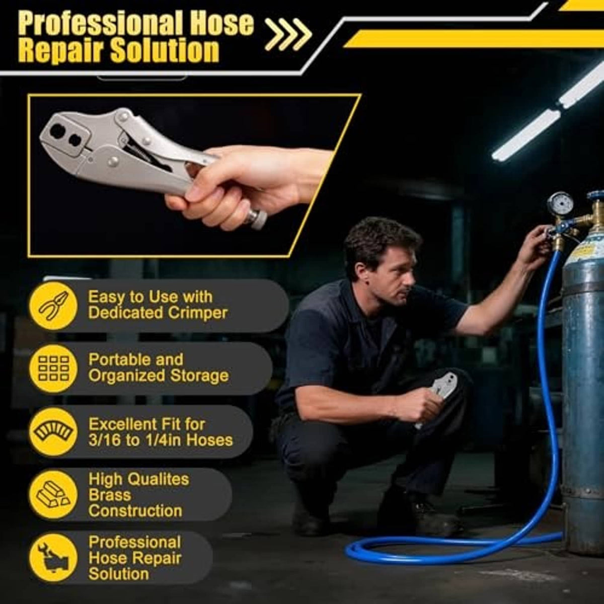 Brass construction hose repair crimping tool for 3/16 in to 1/4 in hoses