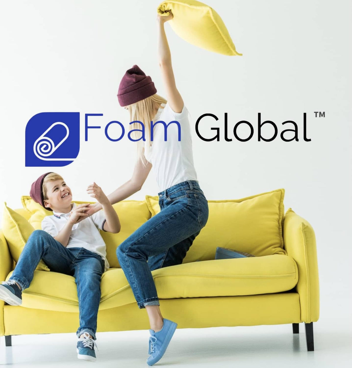 Foam Global logo on lifestyle image with people on yellow sofa