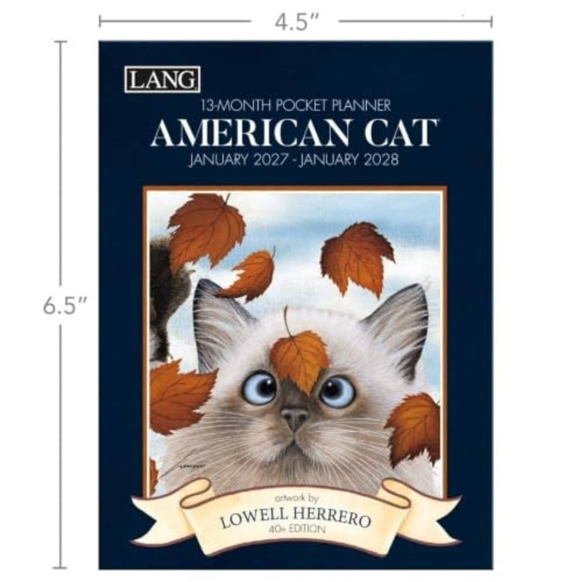 Lang 13-month pocket planner front cover with size diagram and American cat artwork
