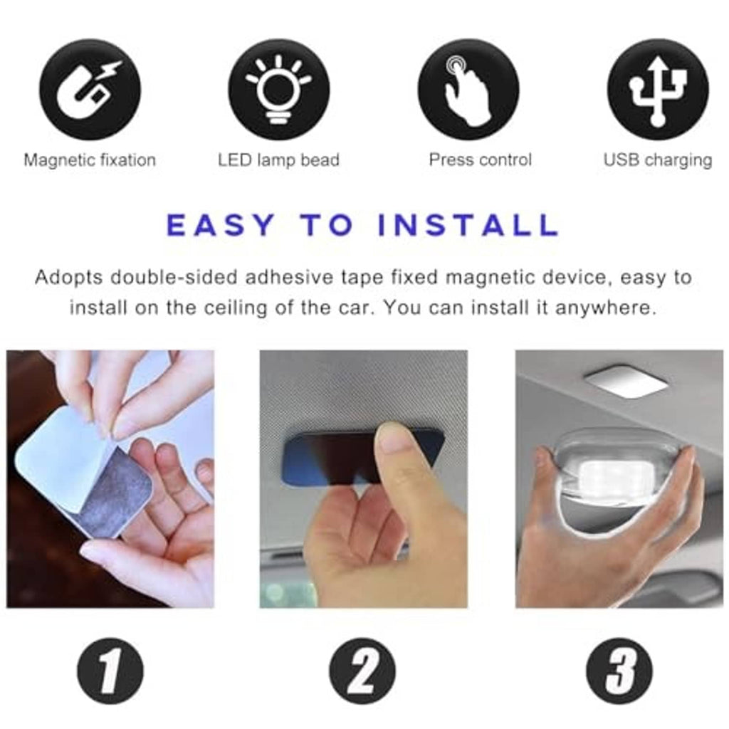 Magnetic car roof LED light with press control and USB charging, shown installing with adhesive