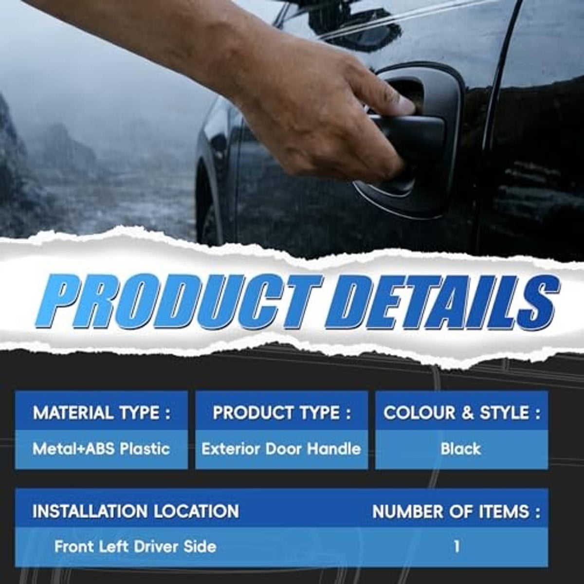 Hand gripping black exterior door handle on vehicle door
