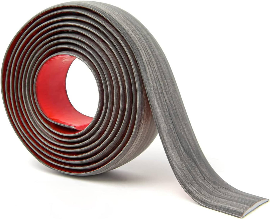 Gray woodgrain self-adhesive vinyl transition strip roll with red underside liner