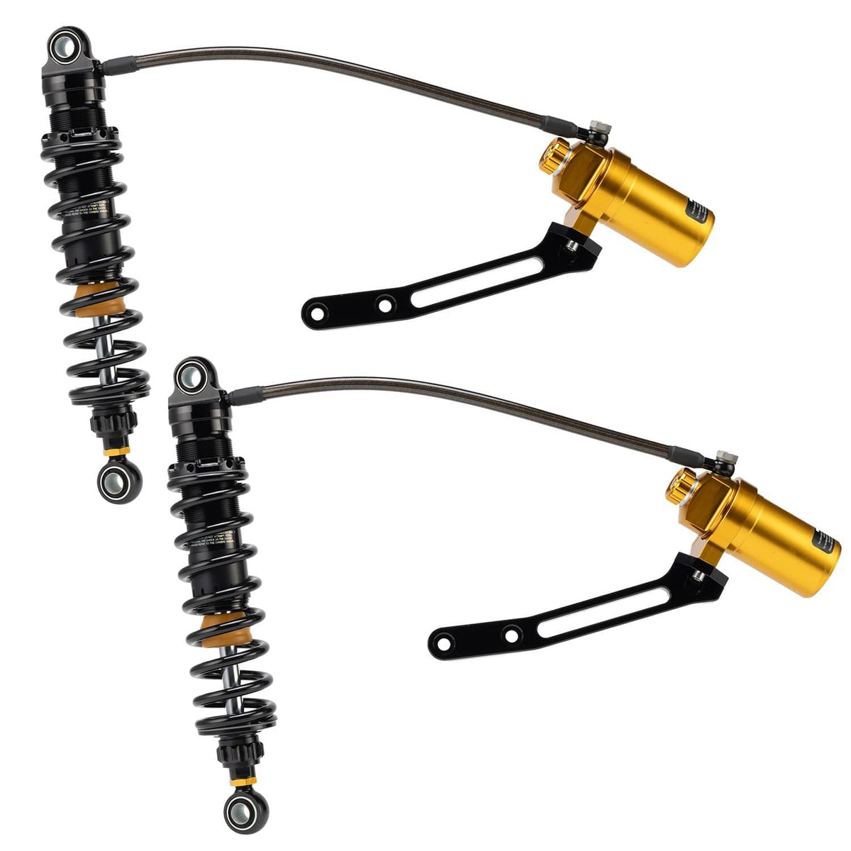 Rear suspension shock set with two black shocks and two gold remote reservoirs, hoses and brackets