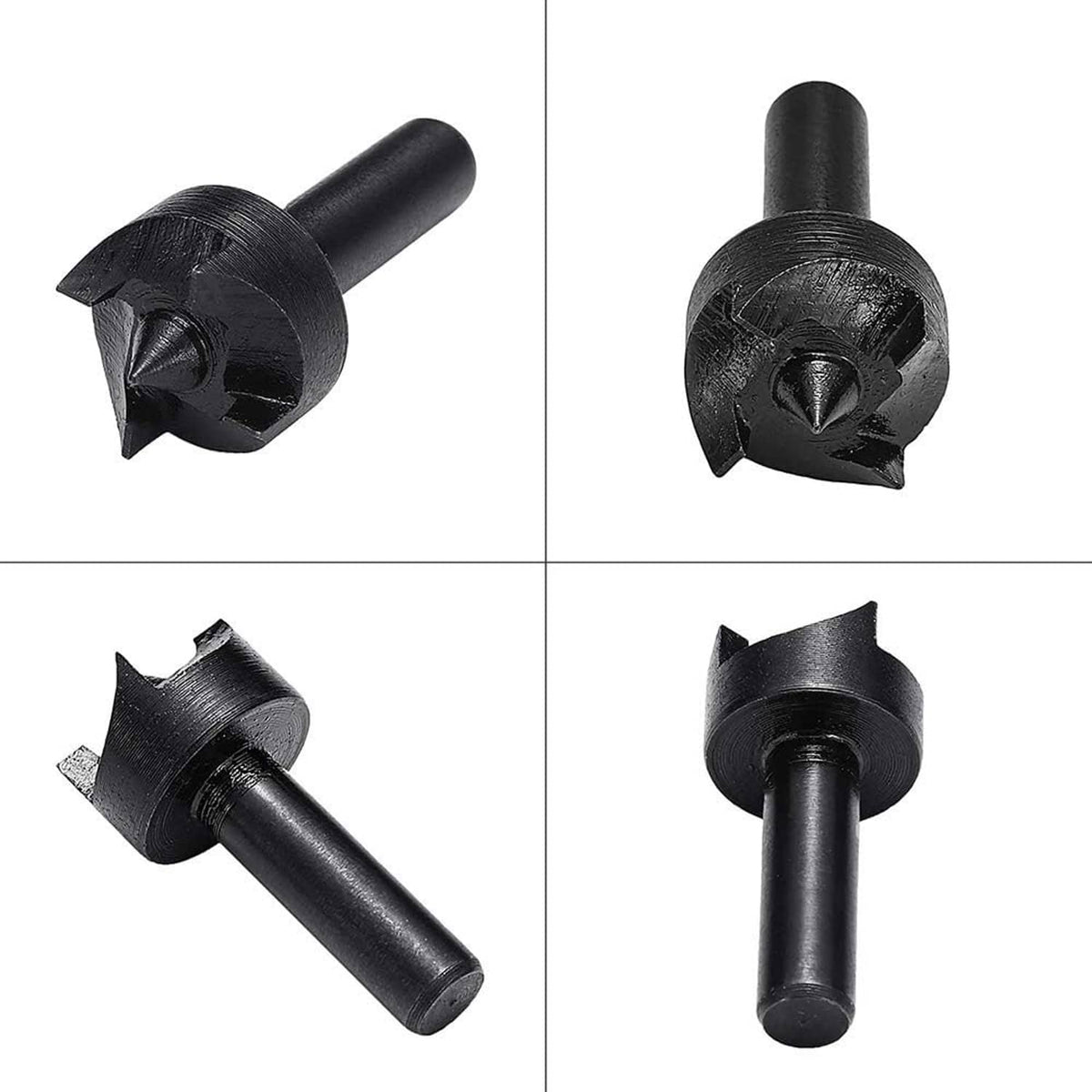 Set of black thimble centers showing spur cup profile from multiple angles