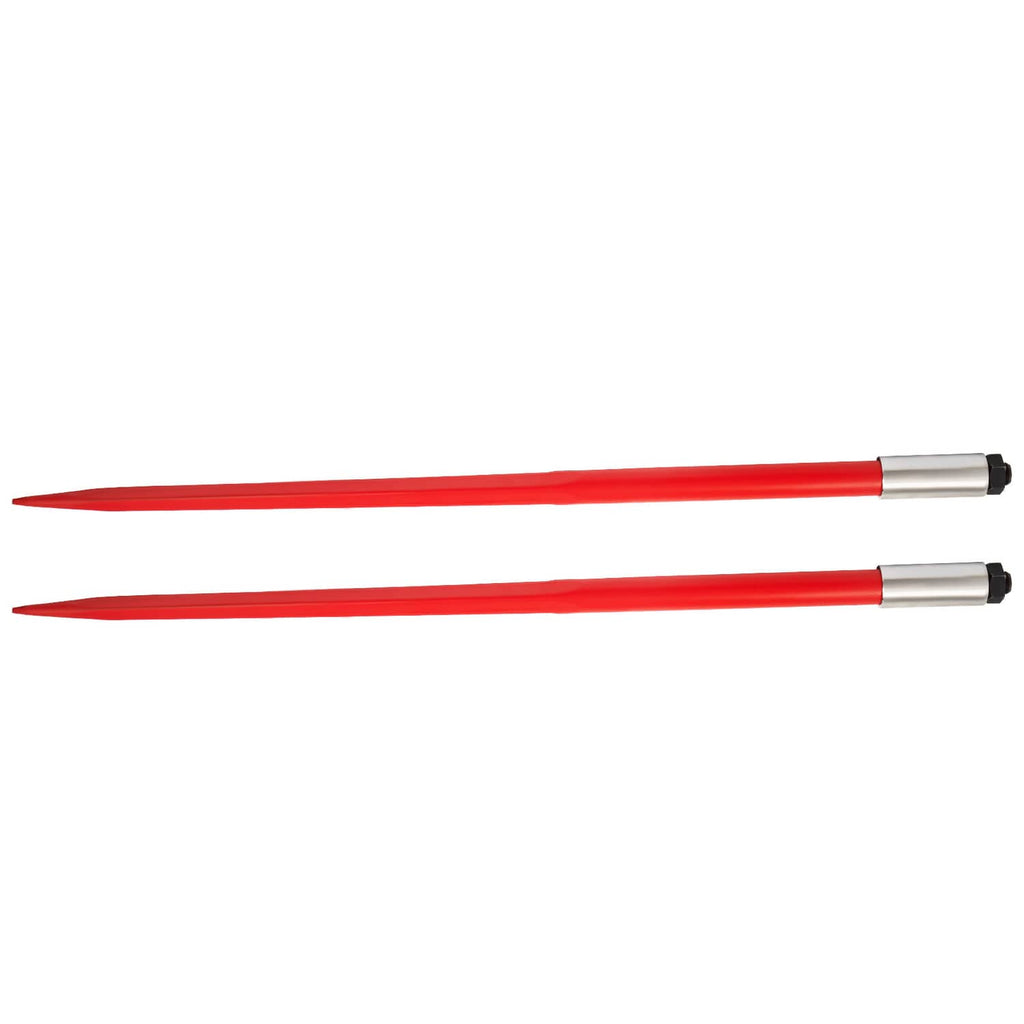 Two red hay bale spear prongs with gray caps and pointed ends, side-by-side