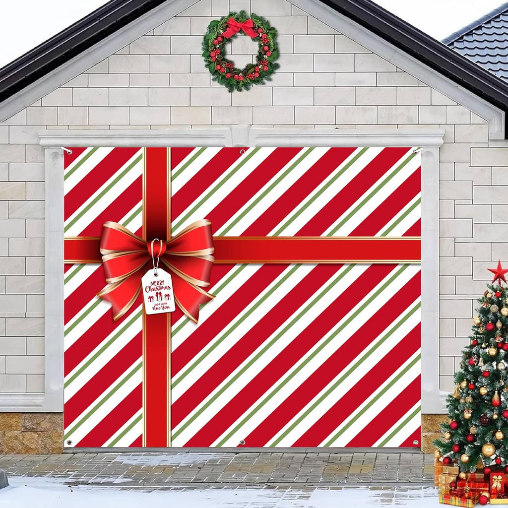 Red and green striped garage door cover with ribbon bow and gift tag