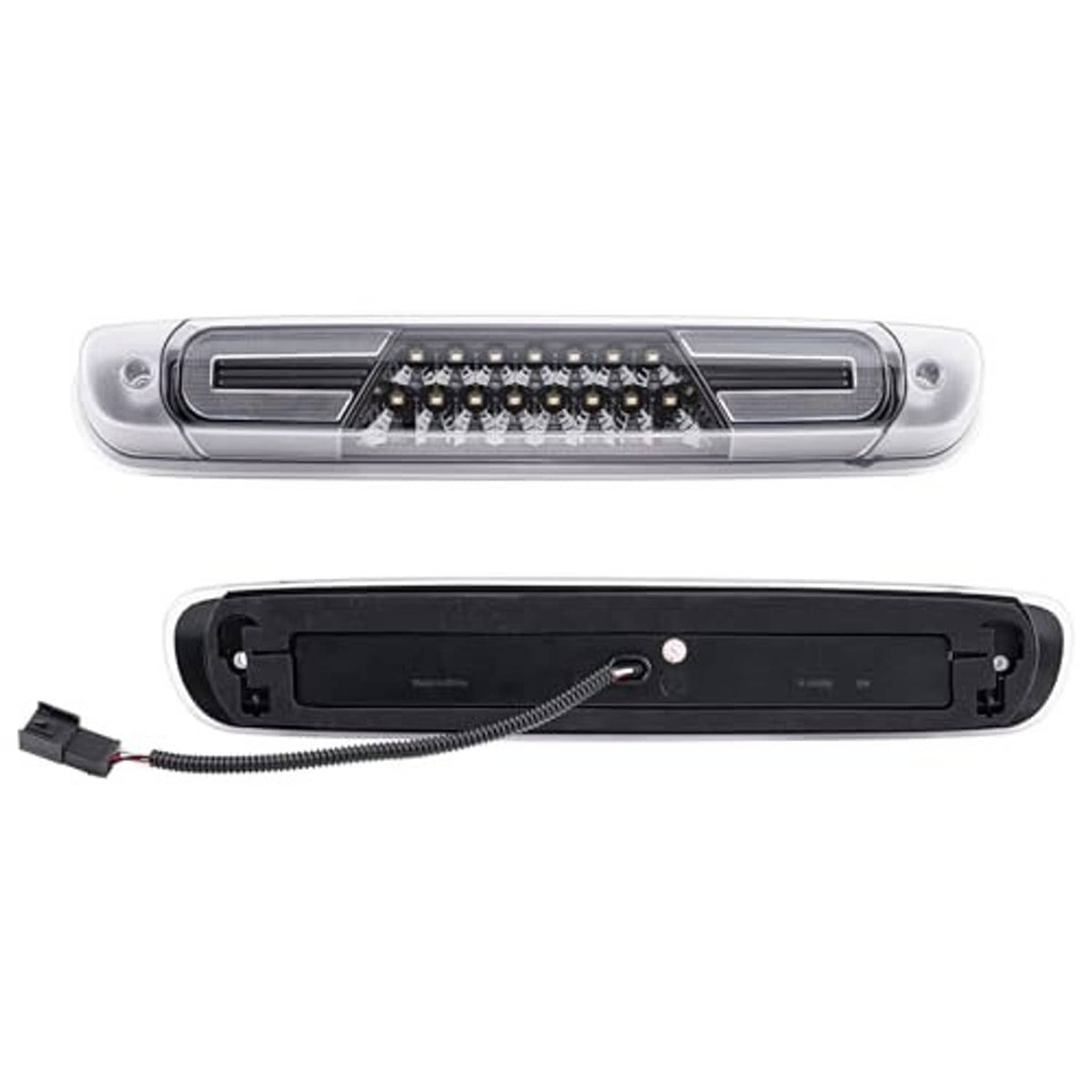 LED third brake light housing with clear lens and rear mounting connector with wiring