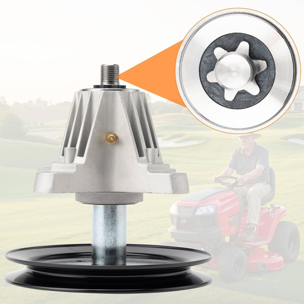 Deck spindle assembly with black pulley and silver housing, shown in an angled view.