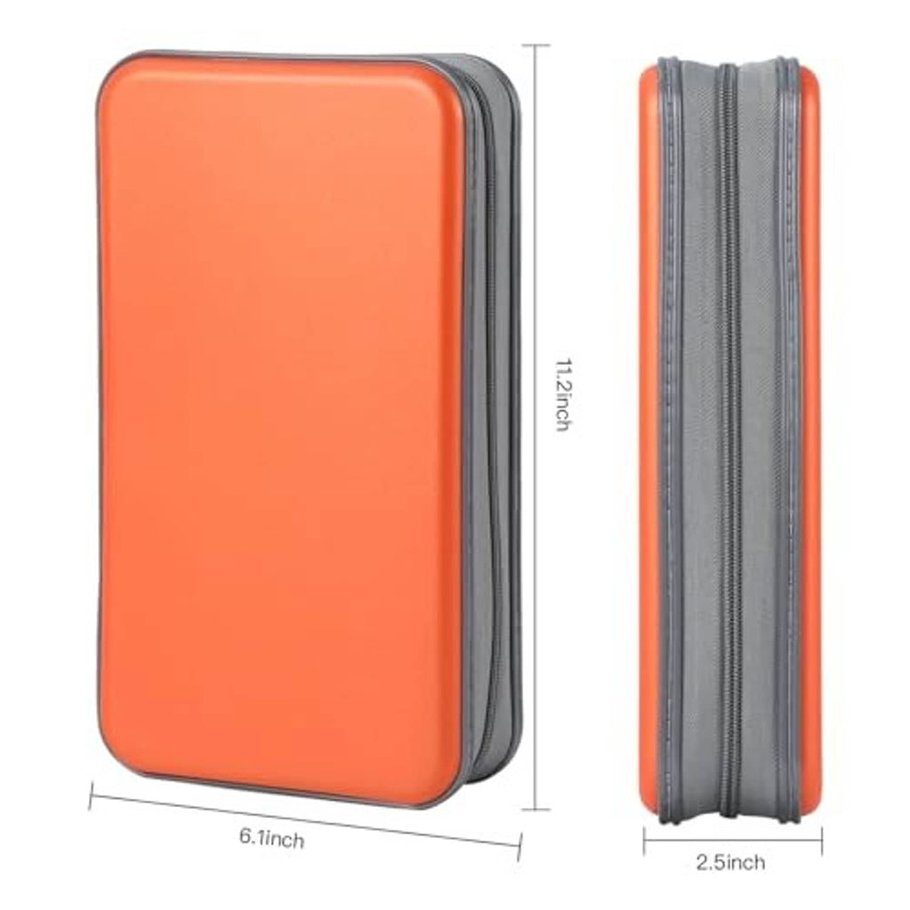 Orange hard-shell CD/DVD case with gray zipper, side view