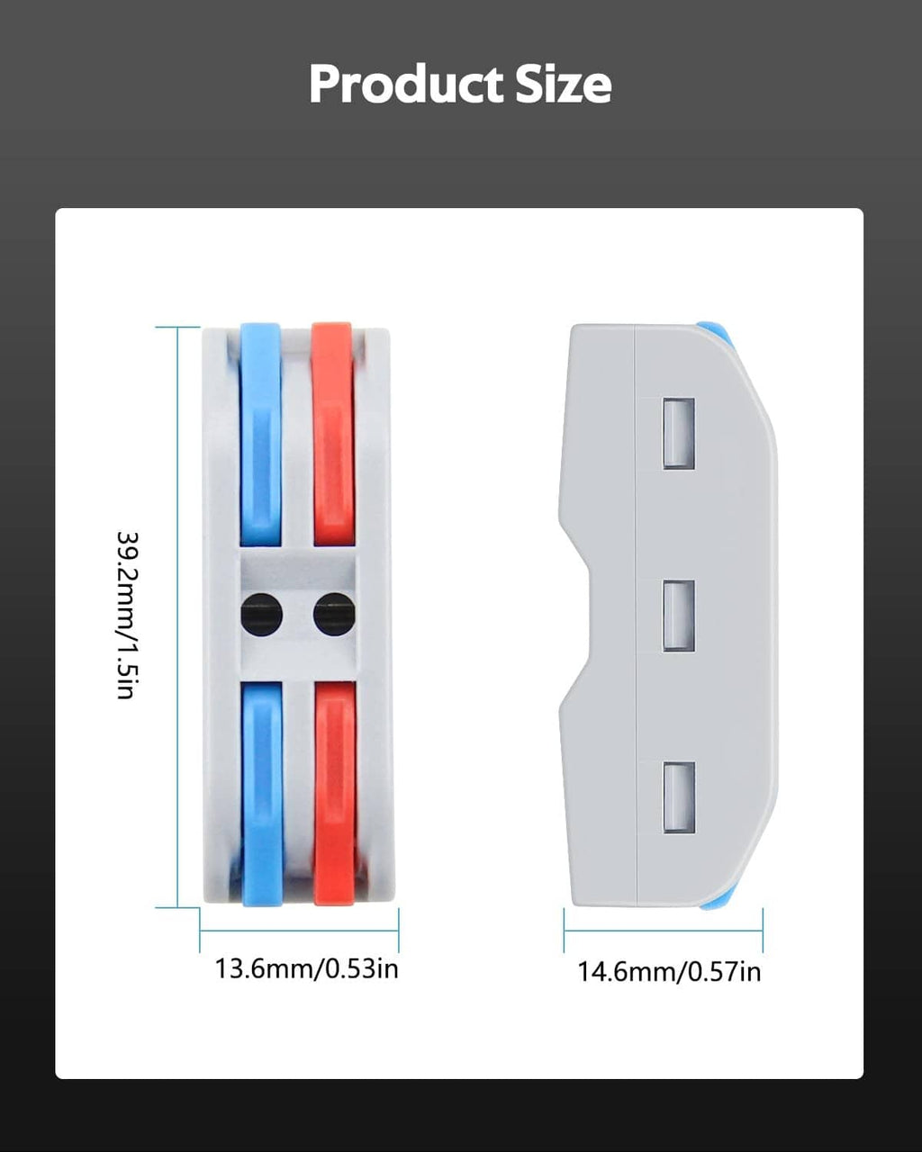 Gray dual-port lever wire connector size view with blue and red lever inserts