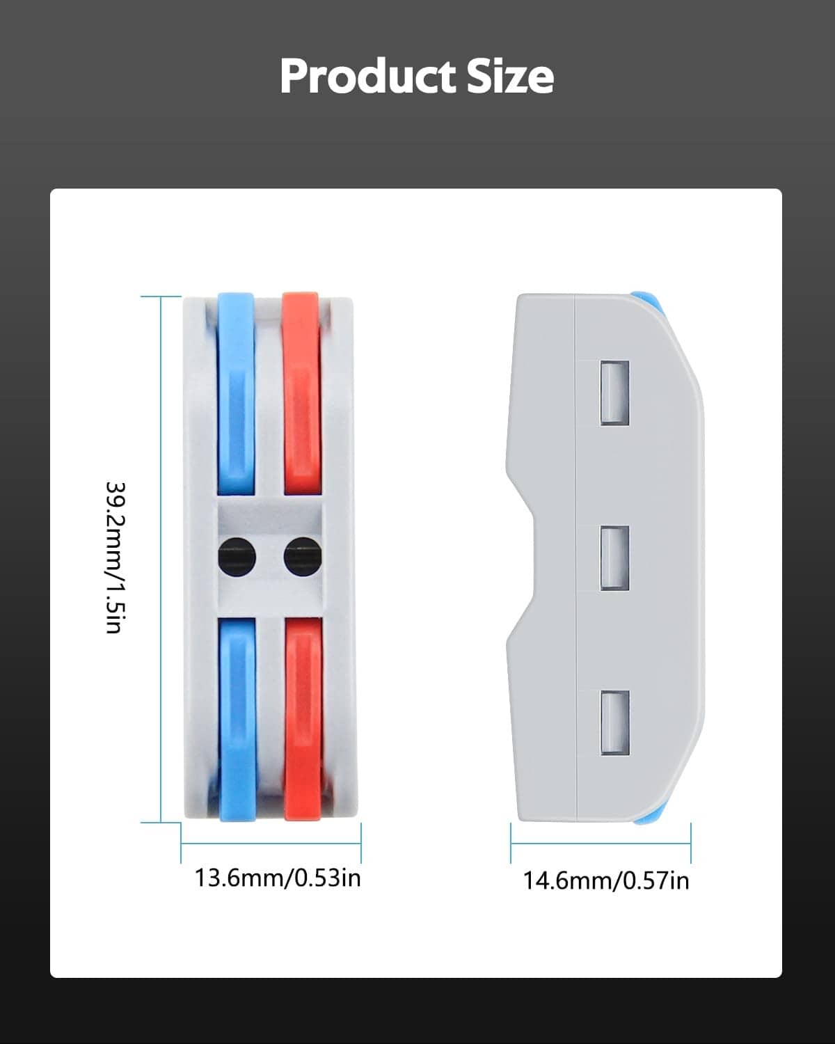 Gray dual-port lever wire connector size view with blue and red lever inserts