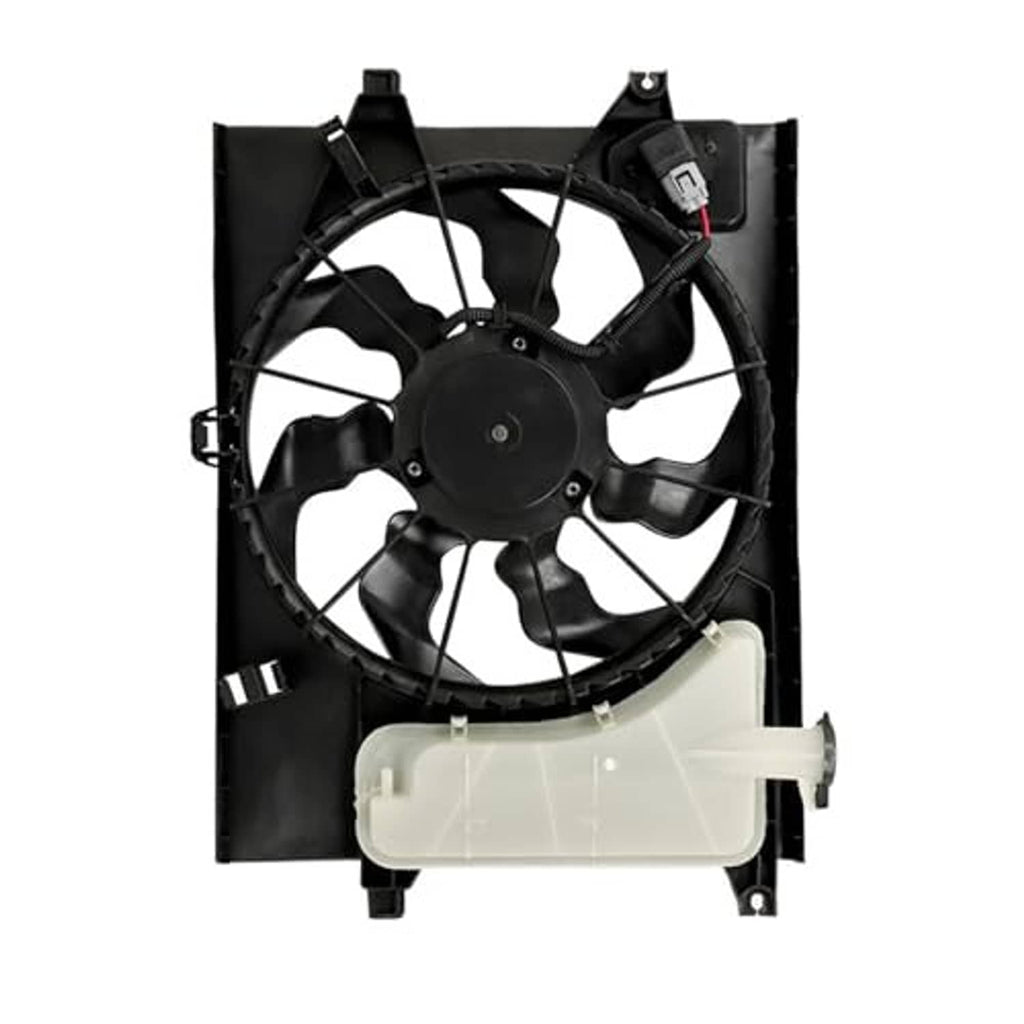 Radiator cooling fan assembly with black shroud, black fan, and white lower coolant tank