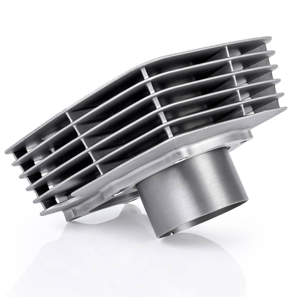 Cylinder head with black cooling fins and silver piston sleeve, angled close-up