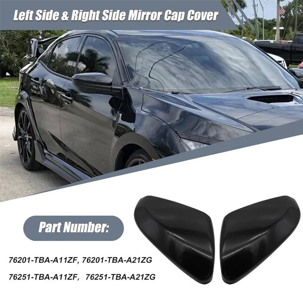 Glossy black mirror cap covers, left and right pair with streamlined shape