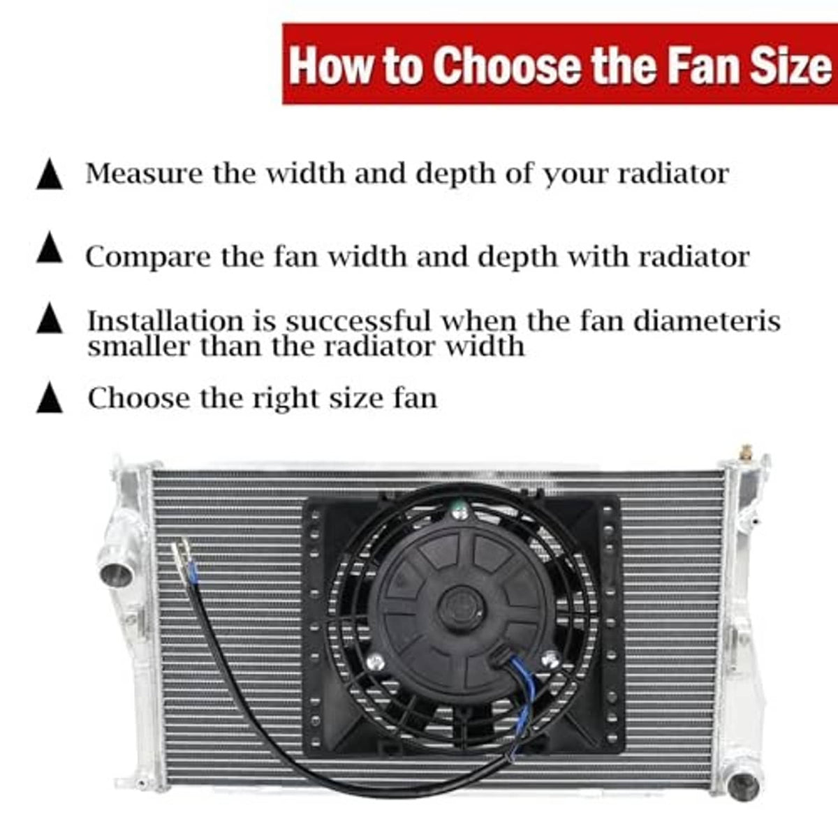Radiator-mounted 6-inch cooling fan with black square frame and power cable